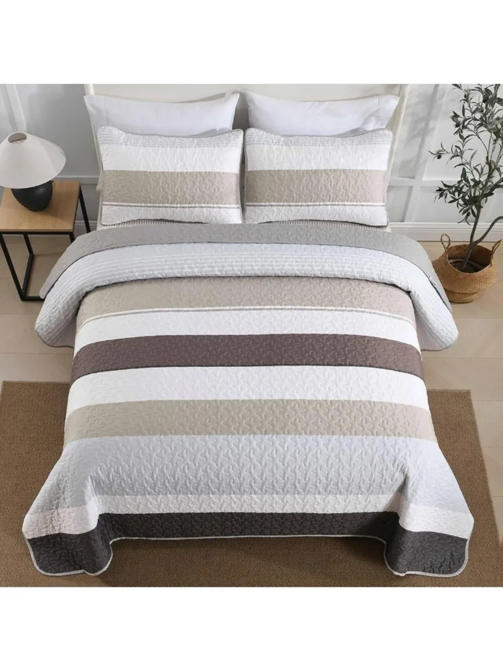 Cozy Grey Boho Quilt Set Queen Size | Lightweight Striped Patchwork Bedspread